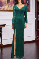 Red Sexy Formal Patchwork Sequins Slit V Neck Long Sleeve Dresses