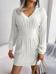 High Waisted Long Sleeves Solid Color V-Neck Mini Dresses Sweater Dresses