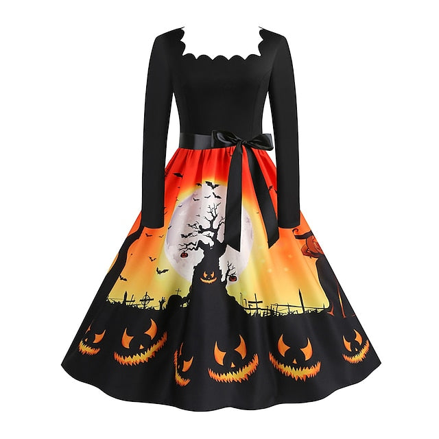 Women's Halloween Dress Retro 1950s Vintage Dress Midi Dress Holiday With Belt Bow Pumpkin Square Neck Long Sleeve Regular Fit Spring Fall 2023 Black Yellow S M L XL