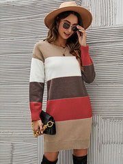 Casual Long Sleeves Contrast Color Round-Neck Sweater Dresses