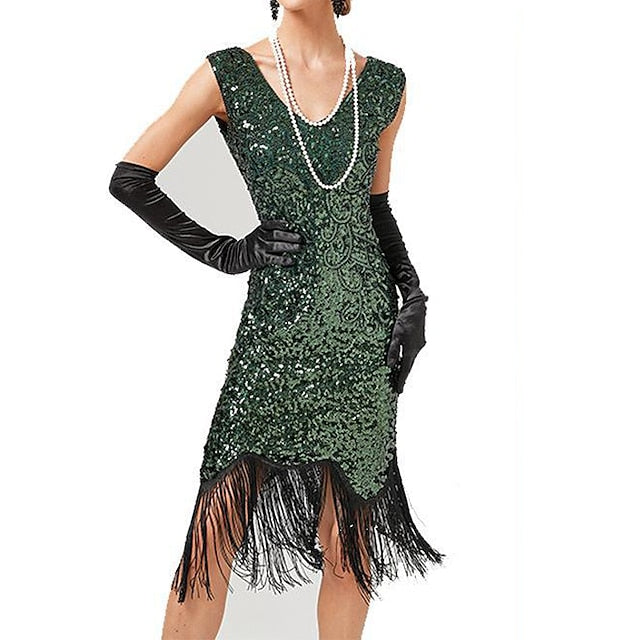 Women's Retro 1920s Fringe Dress Midi Dress Party Holiday Sequins Tassel Fringe Floral V Neck Sleeveless Regular Fit Spring Fall 2023 Black Pink XS S M L