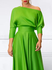 Loose Three-Quarter Sleeves Solid Color Off-The-Shoulder Maxi Dresses