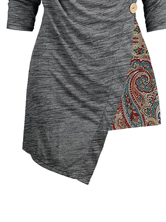 Women's Casual Dress Print Dress Spring Dress Floral Paisley Ruched Patchwork Cowl Neck Mini Dress Vintage Ethnic Outdoor Date Long Sleeve Loose Fit Gray Spring Fall S M L XL XXL