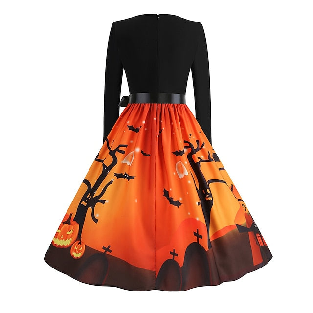 Women's Halloween Dress Retro 1950s Vintage Dress Midi Dress Holiday With Belt Bow Pumpkin Square Neck Long Sleeve Regular Fit Spring Fall 2023 Black Yellow S M L XL