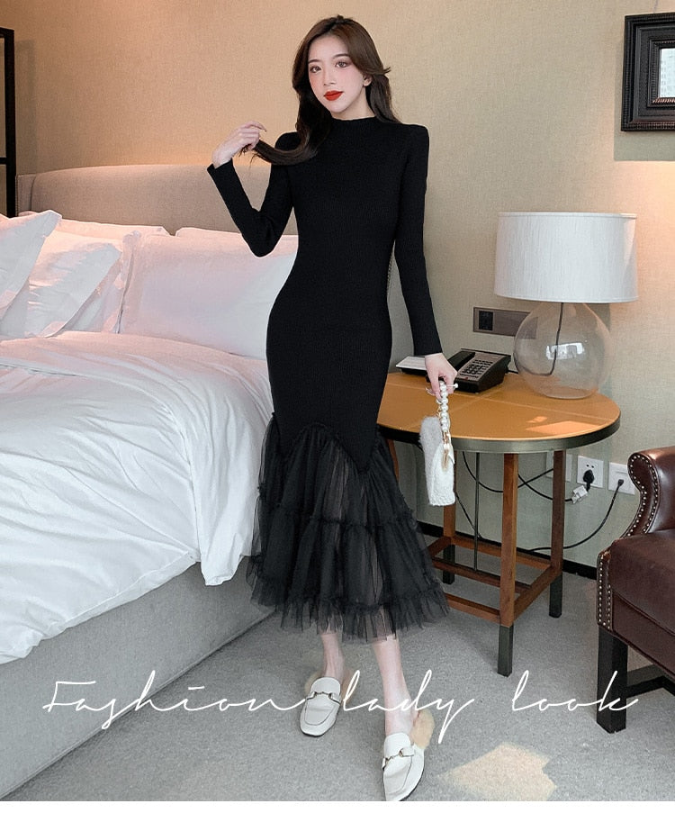 Elegant Mesh Stitching Mermaid Dress Women Black Slim Sheath Mid Dresses Simple Office Wear Party