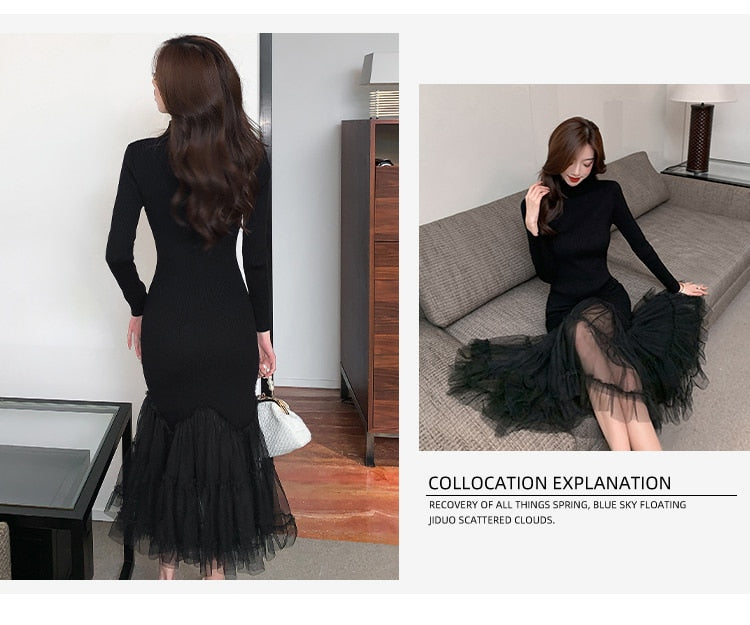 Elegant Mesh Stitching Mermaid Dress Women Black Slim Sheath Mid Dresses Simple Office Wear Party