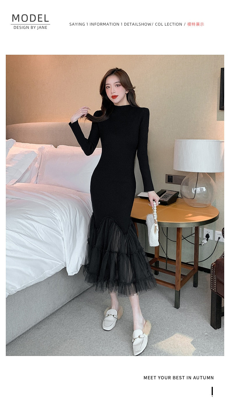 Elegant Mesh Stitching Mermaid Dress Women Black Slim Sheath Mid Dresses Simple Office Wear Party