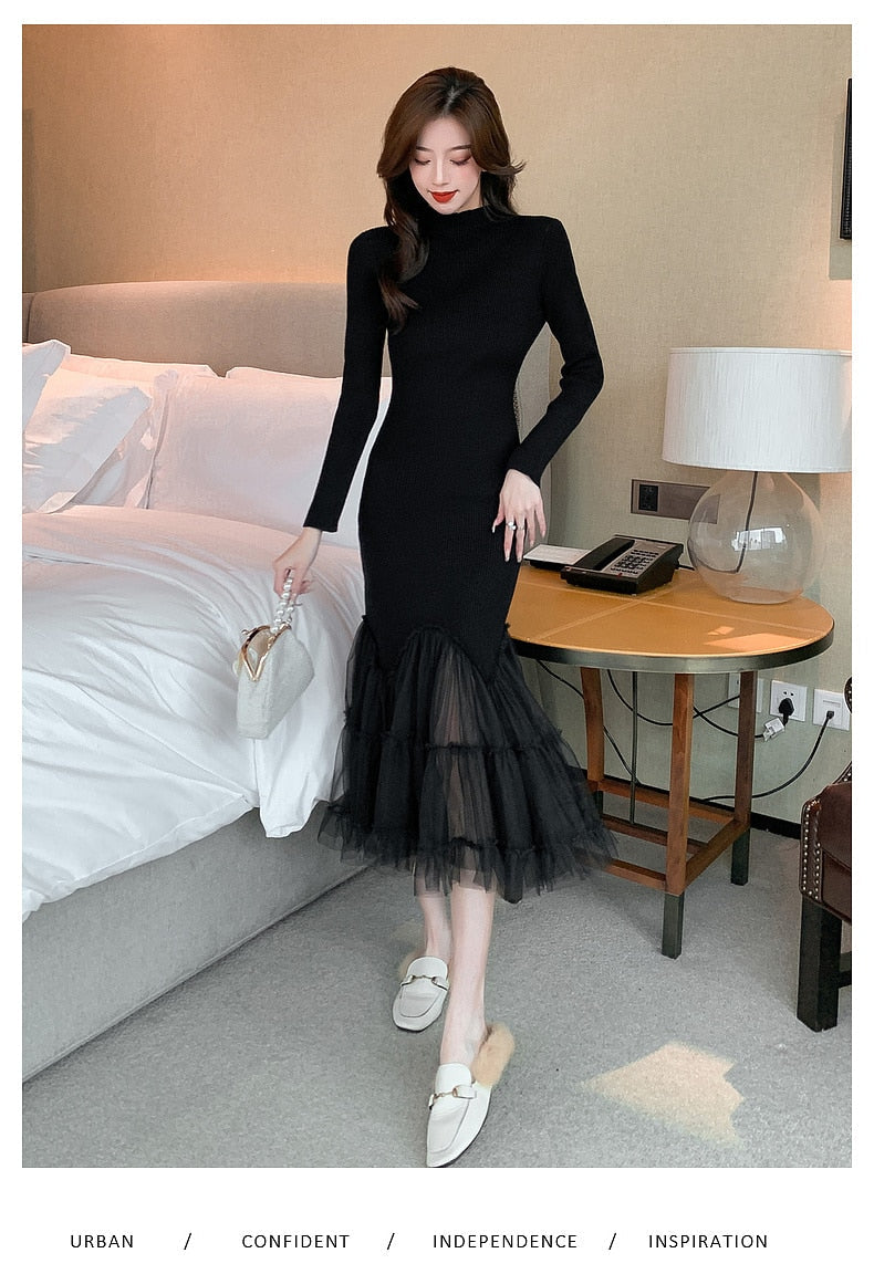 Elegant Mesh Stitching Mermaid Dress Women Black Slim Sheath Mid Dresses Simple Office Wear Party