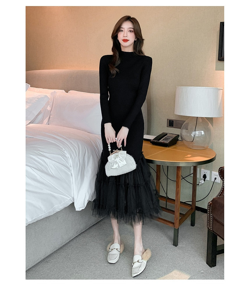 Elegant Mesh Stitching Mermaid Dress Women Black Slim Sheath Mid Dresses Simple Office Wear Party