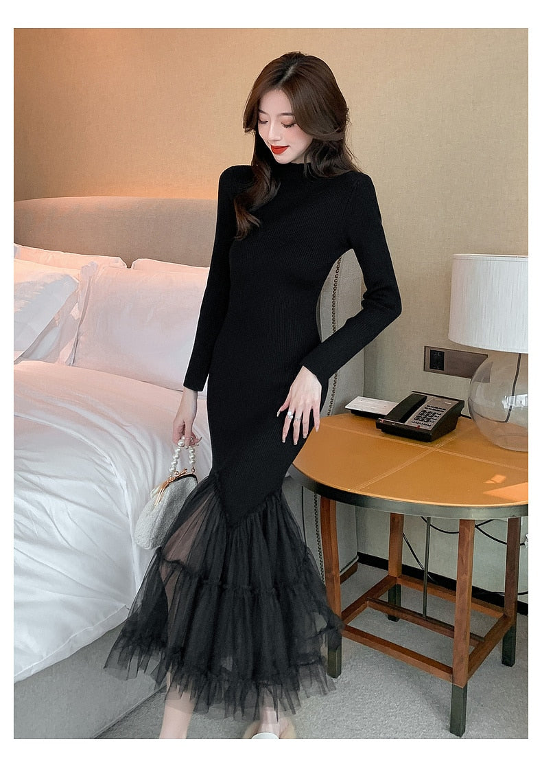 Elegant Mesh Stitching Mermaid Dress Women Black Slim Sheath Mid Dresses Simple Office Wear Party