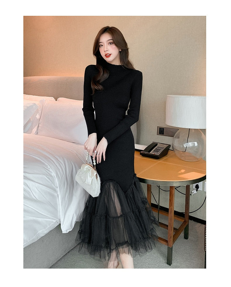 Elegant Mesh Stitching Mermaid Dress Women Black Slim Sheath Mid Dresses Simple Office Wear Party