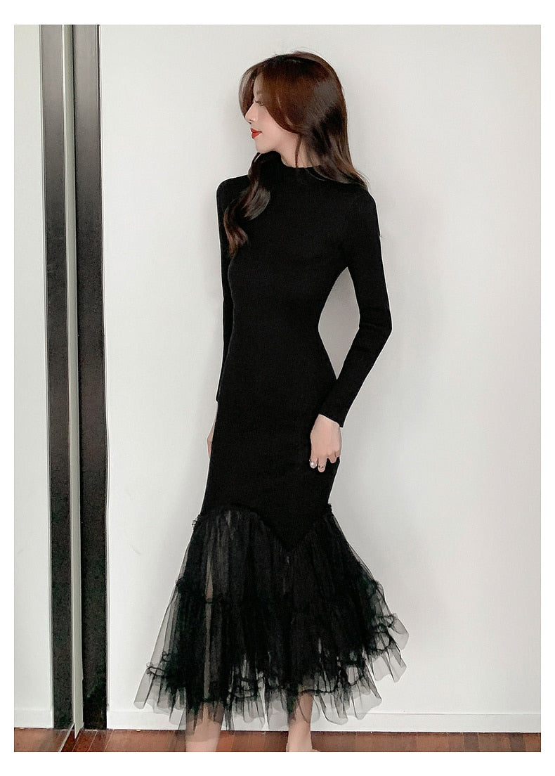 Elegant Mesh Stitching Mermaid Dress Women Black Slim Sheath Mid Dresses Simple Office Wear Party