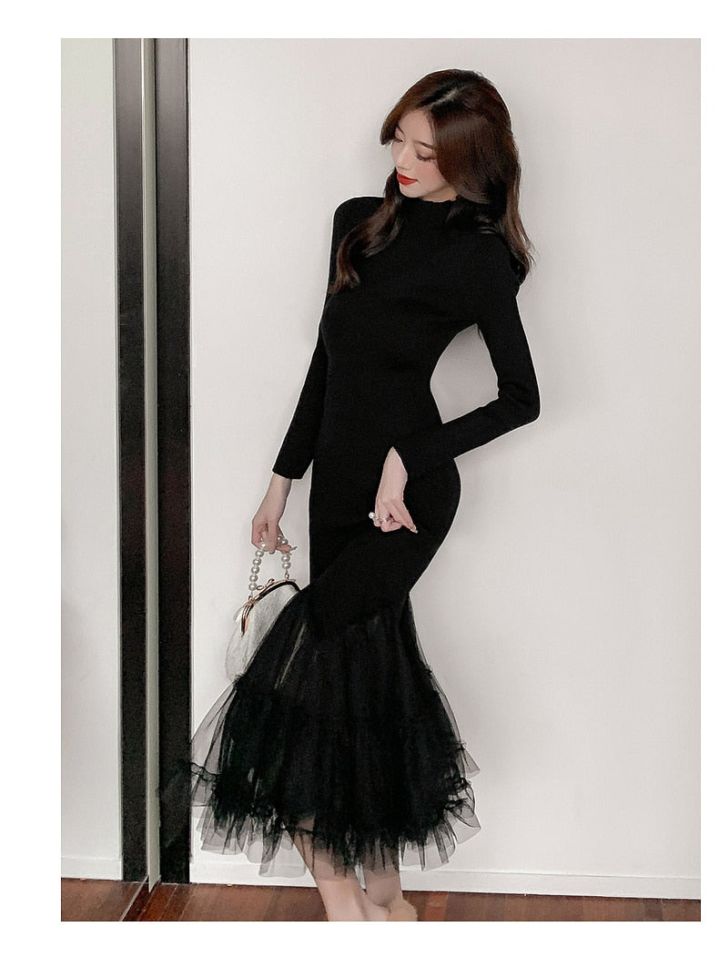 Elegant Mesh Stitching Mermaid Dress Women Black Slim Sheath Mid Dresses Simple Office Wear Party