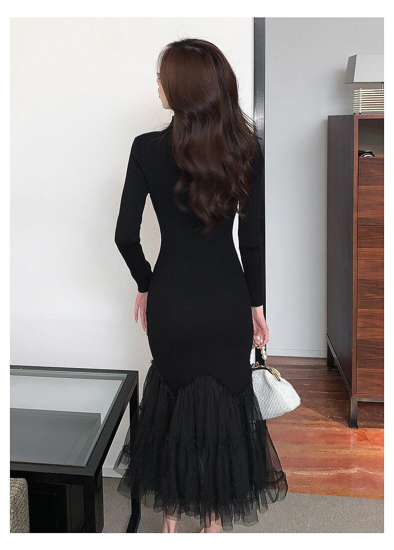 Elegant Mesh Stitching Mermaid Dress Women Black Slim Sheath Mid Dresses Simple Office Wear Party