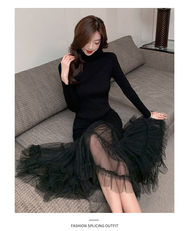 Elegant Mesh Stitching Mermaid Dress Women Black Slim Sheath Mid Dresses Simple Office Wear Party