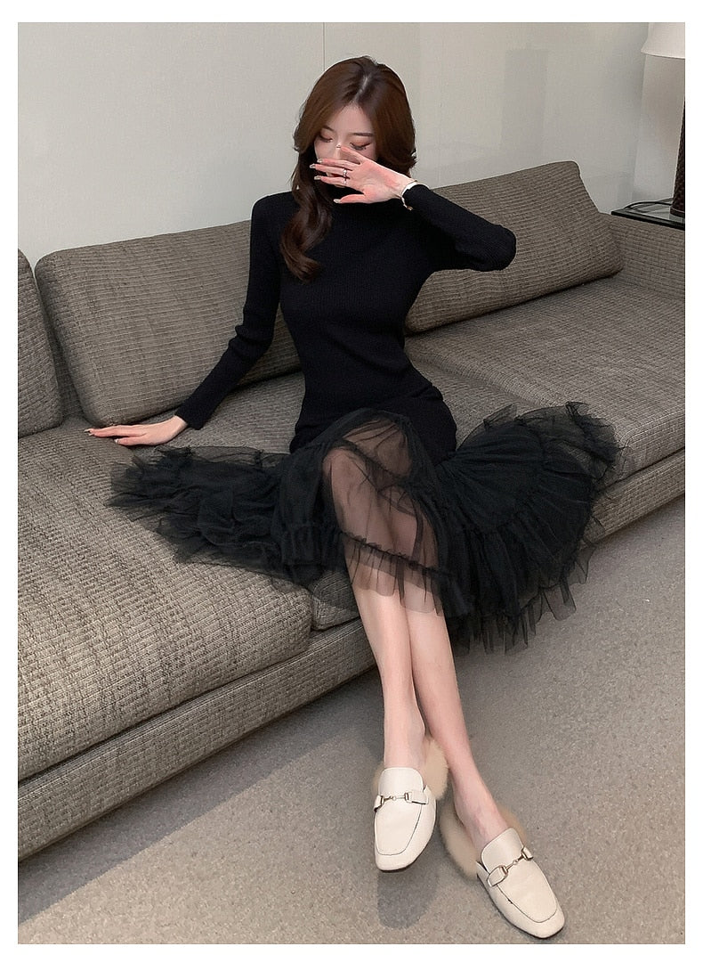 Elegant Mesh Stitching Mermaid Dress Women Black Slim Sheath Mid Dresses Simple Office Wear Party