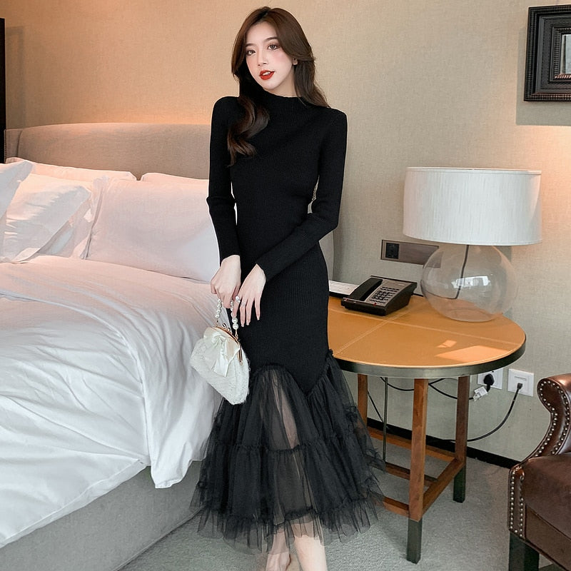 Elegant Mesh Stitching Mermaid Dress Women Black Slim Sheath Mid Dresses Simple Office Wear Party