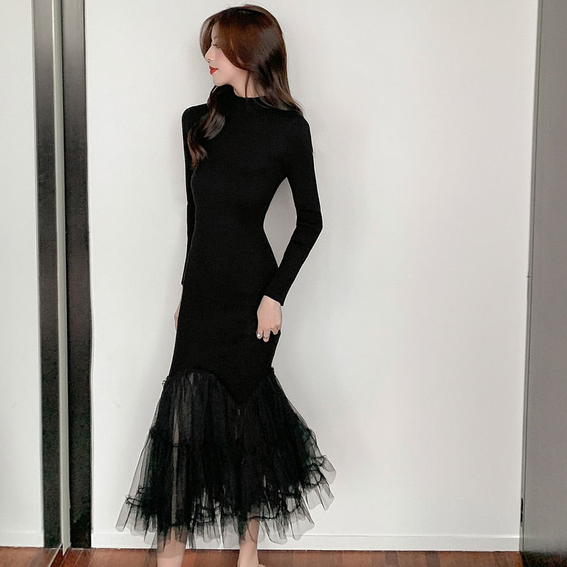 Elegant Mesh Stitching Mermaid Dress Women Black Slim Sheath Mid Dresses Simple Office Wear Party