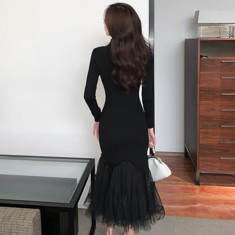 Elegant Mesh Stitching Mermaid Dress Women Black Slim Sheath Mid Dresses Simple Office Wear Party