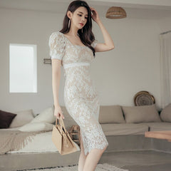 Elegant Summer Lace Dress Women's Sheath Crochet Hollow Out Casual Work Bodycon Pencil Vestido Dress