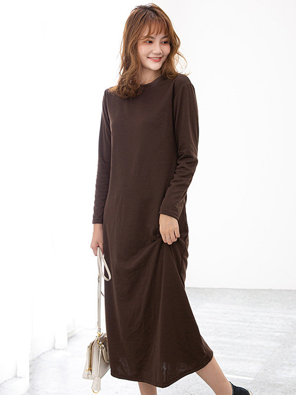 Simple Solid Color Round-Neck A-Line Midi Dress