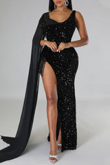 Black Sexy Solid Tassel Sequins Patchwork Slit V Neck Evening Dress Dresses