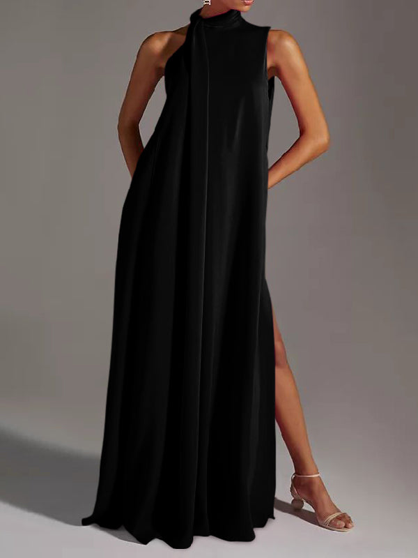 Sleeveless Solid Color Split-Side Round-Neck Maxi Dresses