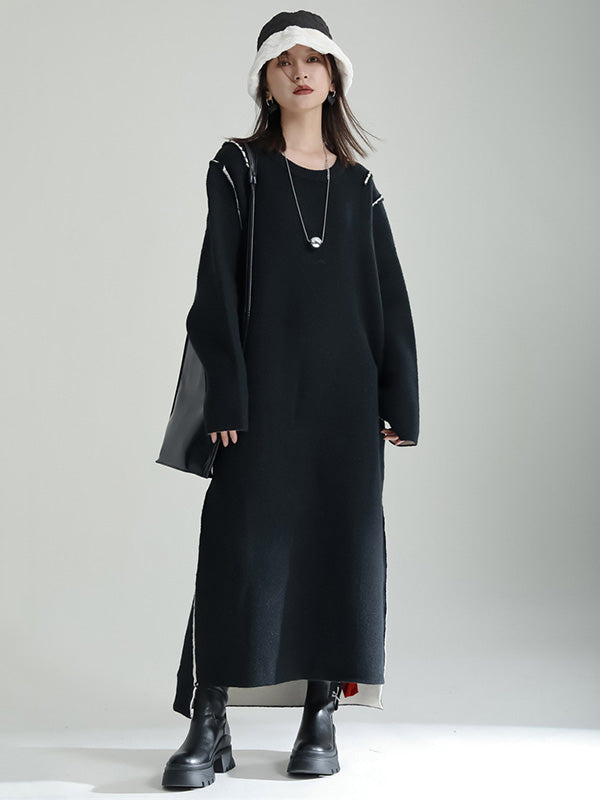 Casual Long Sleeves Loose Solid Color Round-Neck Sweater Dresses