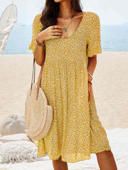Women Floral Printed Short Sleeve Vintage Boho Weaving Tunic Dress