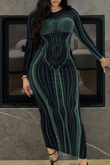 Green Elegant Print Patchwork Backless O Neck Printed Dress Dresses