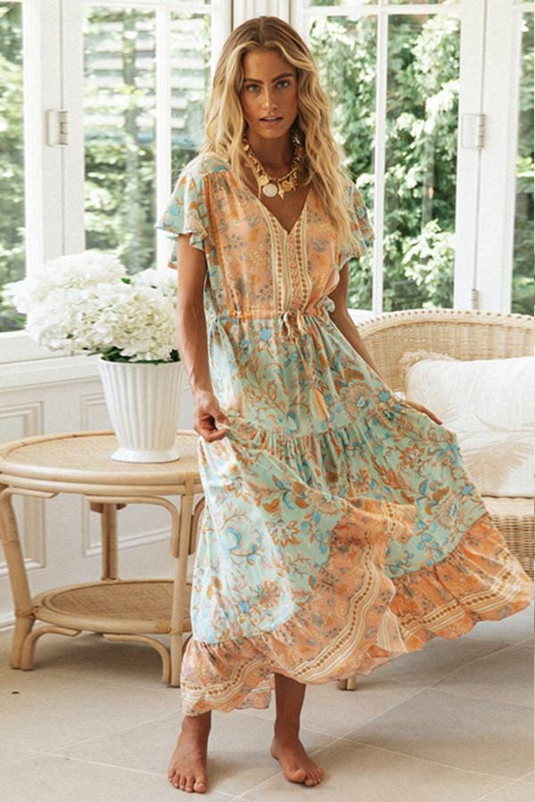 Fashion Bohemian Style Single Breasted Maxi Dress