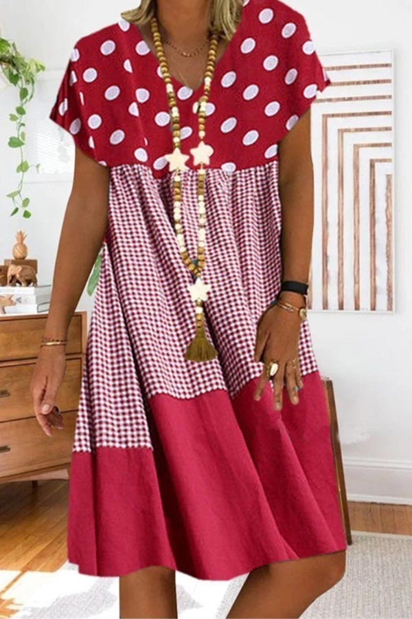 Hoobd Fashion Polka Dot Print Stitching Plus Size Dress