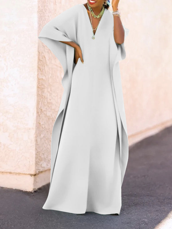 Batwing Sleeves Loose Solid Color Split-Side V-Neck Maxi Dresses