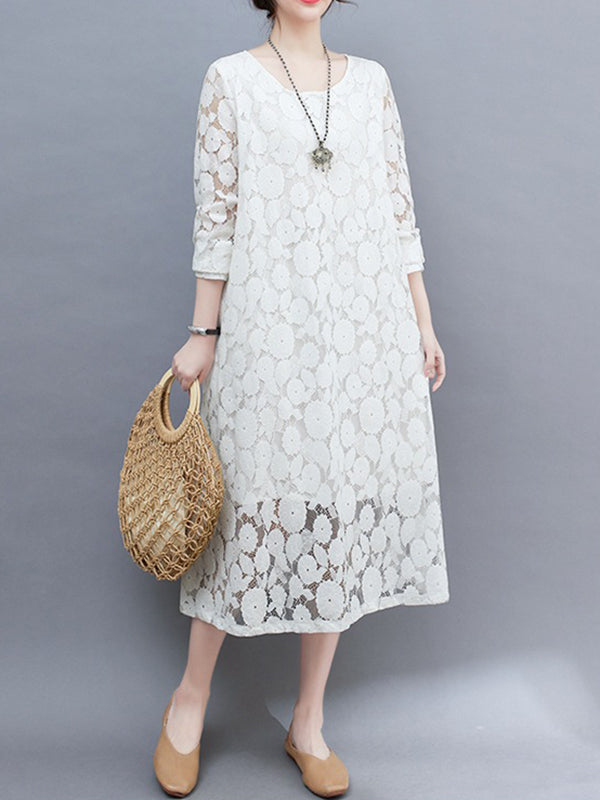 A-Line Long Sleeves Hollow Round-Neck Midi Dresses