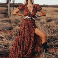 Printed V-Neck Short Sleeve Bohemian Resort Maxi Dress
