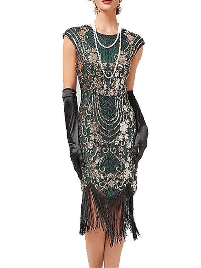 Women's Halloween Dress Retro 1920s Fringe Dress Midi Dress Party Sequins Tassel Fringe Floral Crew Neck Short Sleeve Slim Summer Spring 2023 Black Gold Red XS S M L