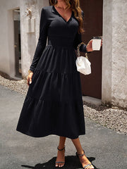 Women's Casual Dress Black Dress Plain Dress Long Dress Maxi Dress Ruched Street Daily Holiday Fashion Streetwear V Neck Long Sleeve 2023 Slim Black Wine Green Color S M L XL Size