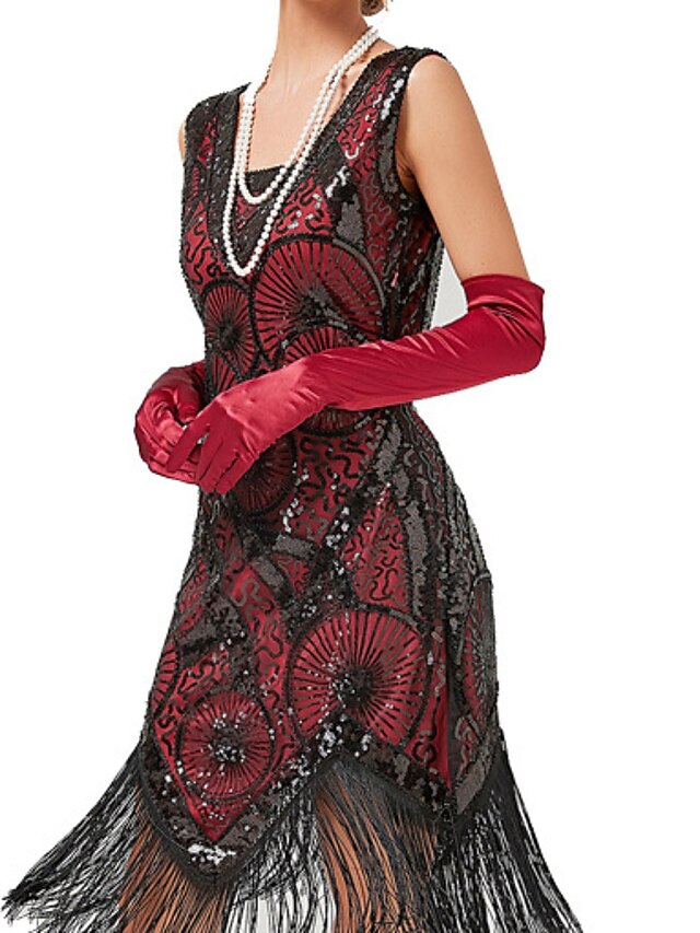 Women's Halloween Dress Retro Elegant Vintage Dress Midi Dress Party Sequins Tassel Fringe Geometric V Neck Sleeveless Regular Fit Summer Spring 2023 Black Red XS S M L