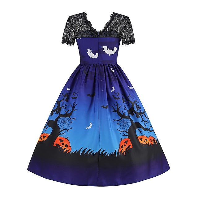 Women's Halloween Dress Retro 1950s Vintage Dress Midi Dress Holiday Lace Patchwork Graphic V Neck Short Sleeve Regular Fit Spring Fall 2023 Black Blue S M L XL