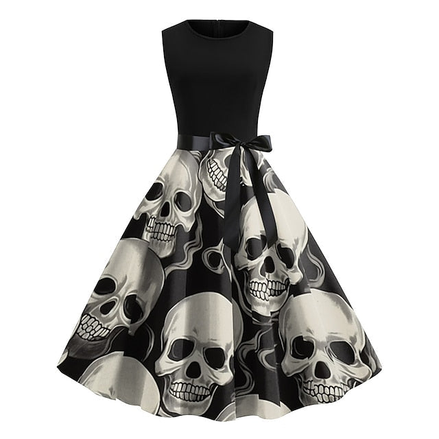 Women's Retro 1950s Vintage Dress Midi Dress Halloween Daily With Belt Bow Skull Crew Neck Sleeveless Regular Fit Spring Fall 2023 Light Yellow Dark Yellow S M L XL