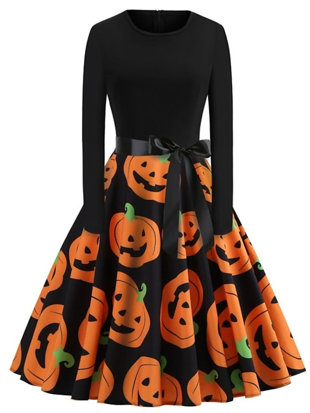Women's Halloween Dress Swing Dress Black Dark Grey Orange Long Sleeve Pumpkin Bow Winter Fall Autumn Crew Neck Winter Dress Fall Dress 2023 S M L XL 2XL