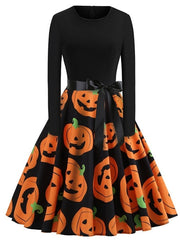 Women's Halloween Dress Swing Dress Black Dark Grey Orange Long Sleeve Pumpkin Bow Winter Fall Autumn Crew Neck Winter Dress Fall Dress 2023 S M L XL 2XL