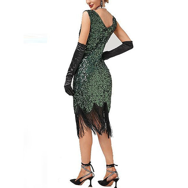 Women's Retro 1920s Fringe Dress Midi Dress Party Holiday Sequins Tassel Fringe Floral V Neck Sleeveless Regular Fit Spring Fall 2023 Black Pink XS S M L