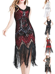 Women's Halloween Dress Retro 1920s Fringe Dress Midi Dress Party Outdoor Sequins Tassel Fringe Plain V Neck Sleeveless Regular Fit Summer Spring 2023 claret Black S M L XL