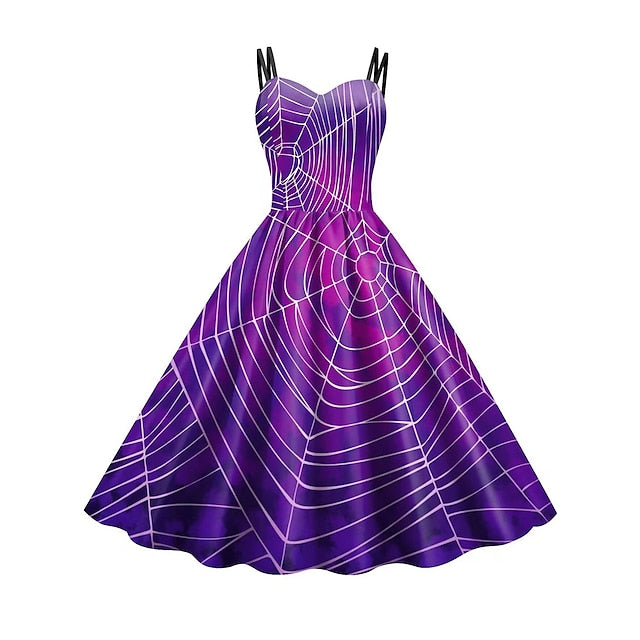 Women's Halloween Dress Retro 1950s Vintage Dress Midi Dress Holiday Backless Print Pumpkin Spaghetti Strap Sleeveless Regular Fit Spring Fall 2023 Deep Purple Purple S M L XL