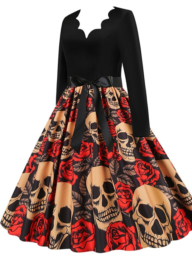 Women's Halloween Dress Swing Dress Knee Length Dress White Black Gray Pink Yellow Red Long Sleeve Floral Skull Skeleton Ruched Print Fall Winter V Neck Casual Vintage 2023 S M L XL XXL 3XL