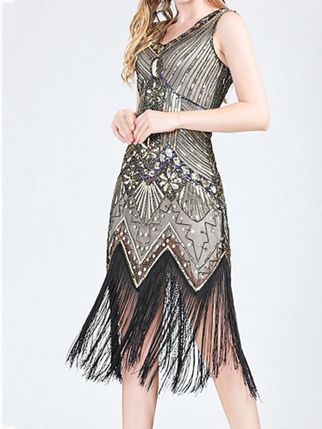 Women's Halloween Dress Retro 1920s Fringe Dress Midi Dress Party Outdoor Sequins Tassel Fringe Plain V Neck Sleeveless Regular Fit Summer Spring 2023 claret Black S M L XL