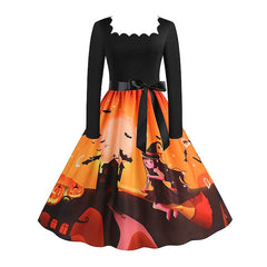 Women's Halloween Dress Retro 1950s Vintage Dress Midi Dress Holiday With Belt Bow Pumpkin Square Neck Long Sleeve Regular Fit Spring Fall 2023 Black Yellow S M L XL