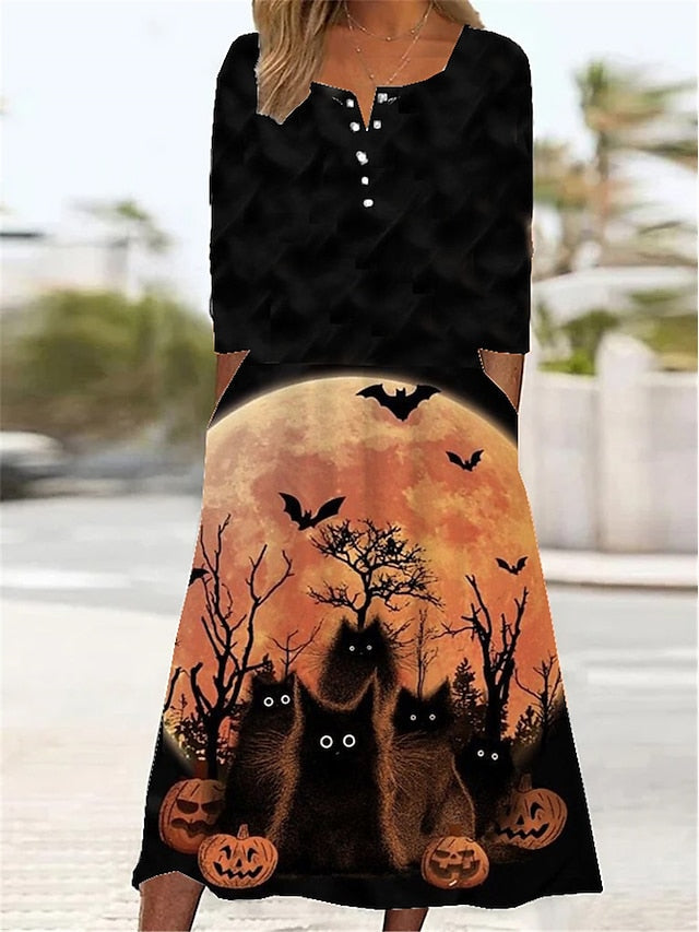 Women's Halloween Dress Casual Dress Print Dress Spring Dress Graphic Button Pocket Crew Neck Midi Dress Fashion Streetwear Outdoor Daily Long Sleeve Regular Fit Light Yellow Black Yellow