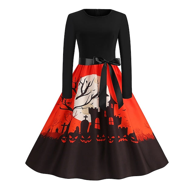 Women's Halloween Dress Retro 1950s Vintage Dress Midi Dress Holiday With Belt Bow Graphic Crew Neck Long Sleeve Regular Fit Spring Fall 2023 Pink Red S M L XL